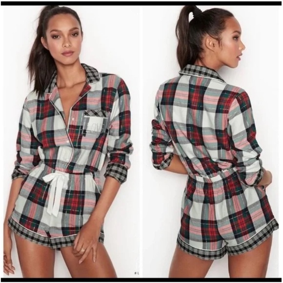 Victorias Secret LOVE Rhinestone Plaid Pajamas Romper - Picture 1 of 9